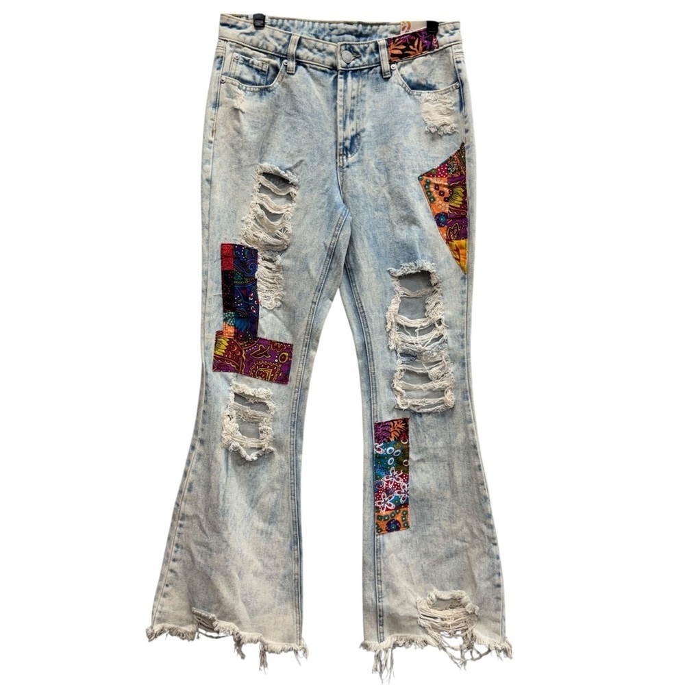 Almost Famous Vintage Flare Jeans Size 9 Blue Acid Wash Patch Distressed - Picture 1 of 16